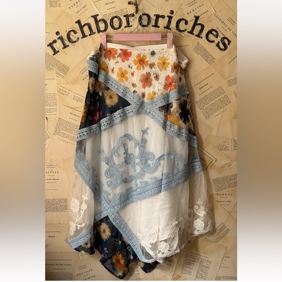 Anthropologie Printed Mermaid Maxi Skirt Embroider Mesh Floral Mix Blue Motif - Picture 7 of 7